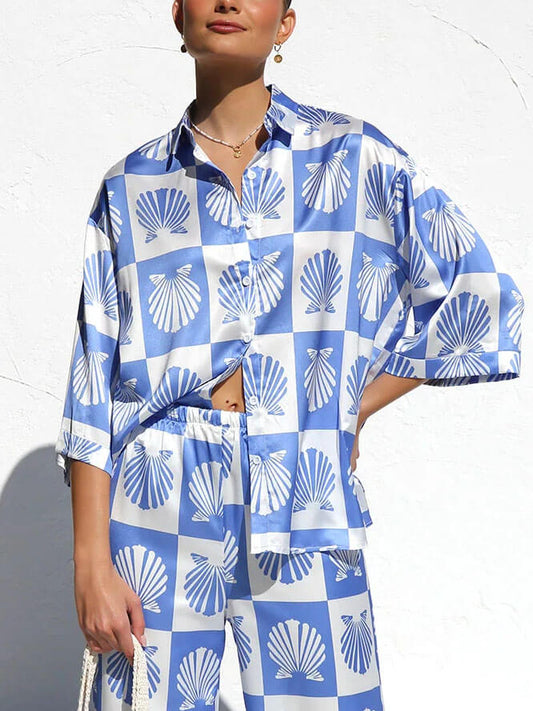 Shell Print Special Satin Button-Down Shirt